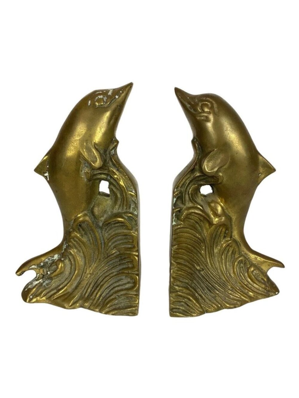 Vintage Brass Dolphin Waves Bookends Mid Century Home Library Decor Taiwan